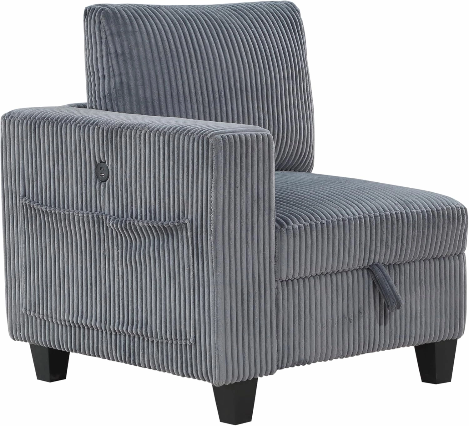 Maximize Space with Modern Dark Gray Chair, One Arm with Storage Pouch and Charging Ports, Living Room