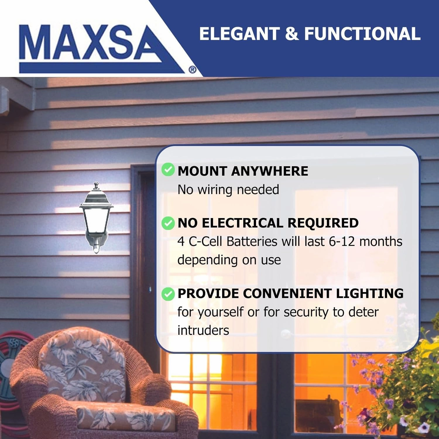 Maxsa 43319-RS Battery-Powered Motion-Activated Outdoor Wall Sconce, 3000K (Warm White), Black