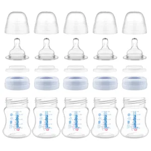 Maymom Wide-Mouth Milk Storage Feeding Collection Bottle with Nipple, Dome Cap, Bottle Top, SureSeal Sealing Disk; Compatible with Spectra Pump/Motif Luna; 5 pc (4.7Oz/140mL)