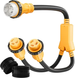 MECMO - Marine Shore Power Y Splitter SS2-50P Male 50A to (2) 30A L5–30R Female, 50 Amp 125/250V SS2-50P to L5-30R Y Adapter w/Locking Ring & Collar, 50A to Dual 30A Shore Power Cord, STW 10 AWG, 3FT