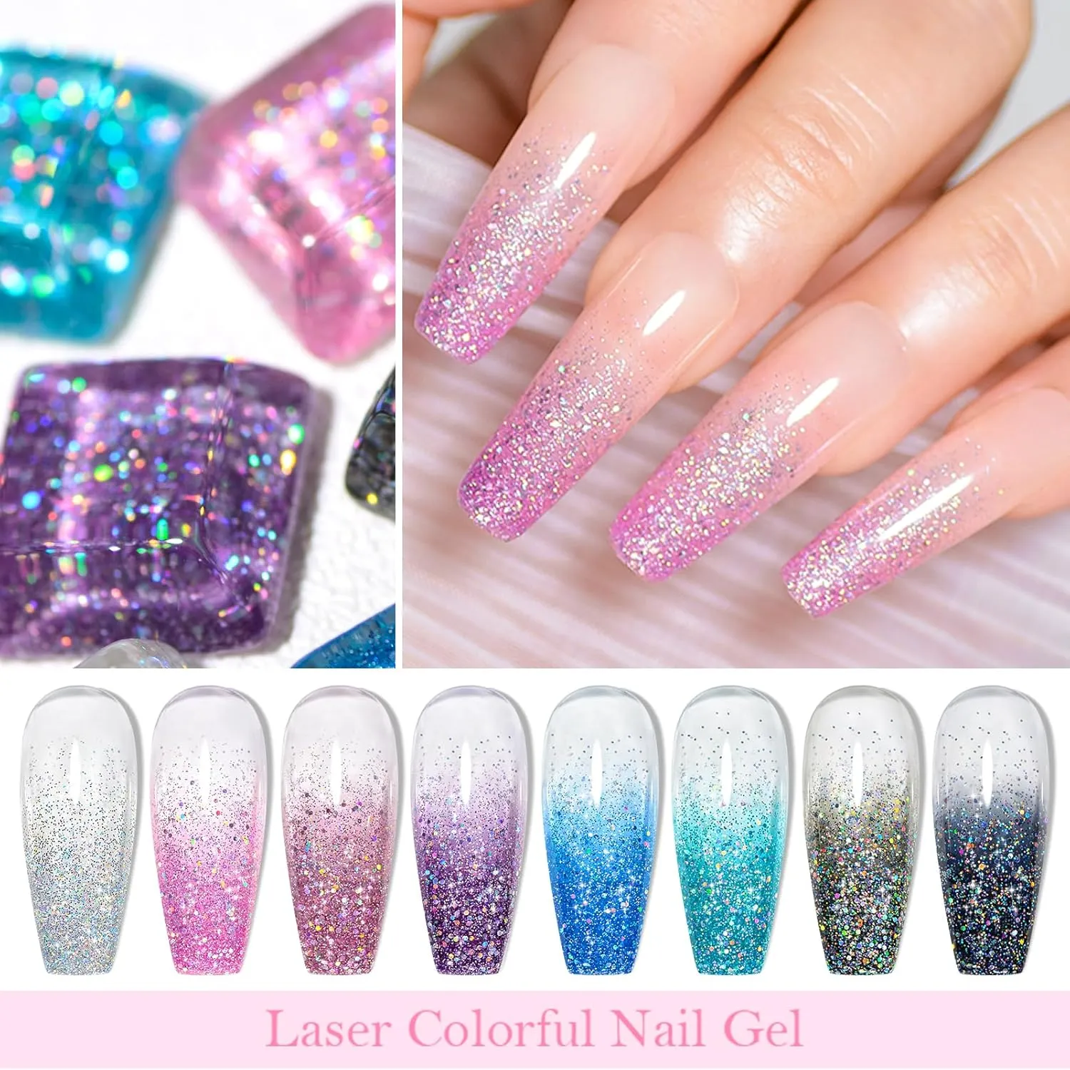 MEET ACROSS 12 Pcs Jelly Glitter Gel Nail Polish Set, 8 Colors Translucent Laser Colorful Shimmer Gel Polish Pink Purple Blue Grey Nail Polish with Base Top Gel Nail Dehydrator and Primer