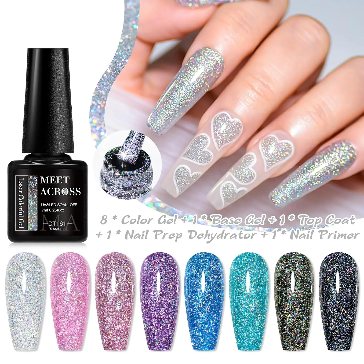MEET ACROSS 12 Pcs Jelly Glitter Gel Nail Polish Set, 8 Colors Translucent Laser Colorful Shimmer Gel Polish Pink Purple Blue Grey Nail Polish with Base Top Gel Nail Dehydrator and Primer