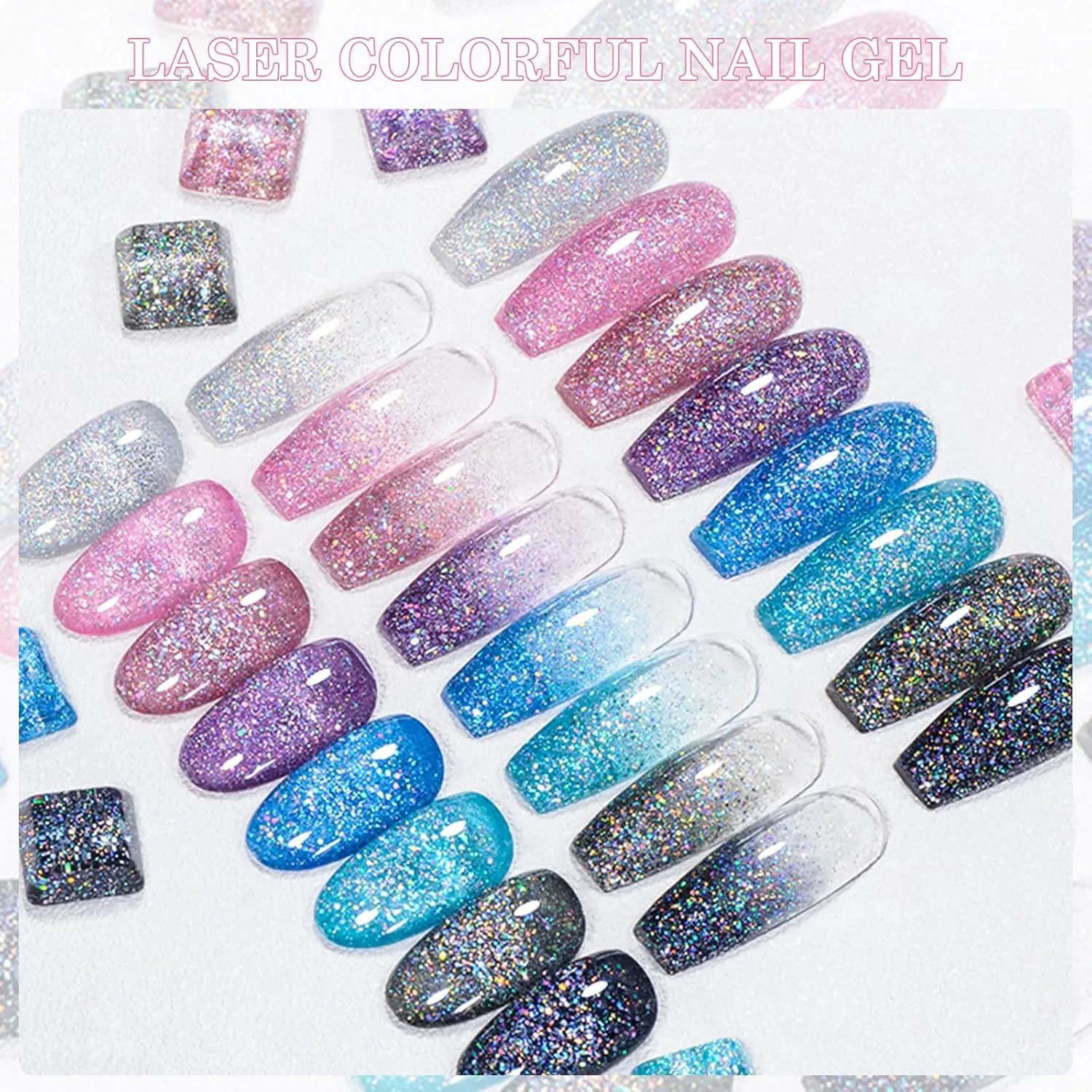 MEET ACROSS 12 Pcs Jelly Glitter Gel Nail Polish Set, 8 Colors Translucent Laser Colorful Shimmer Gel Polish Pink Purple Blue Grey Nail Polish with Base Top Gel Nail Dehydrator and Primer