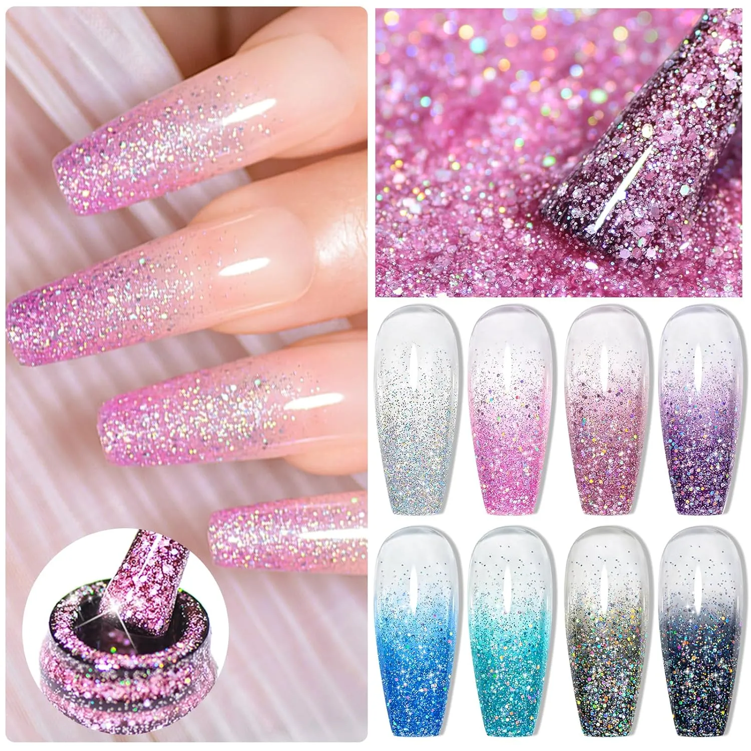 MEET ACROSS 12 Pcs Jelly Glitter Gel Nail Polish Set, 8 Colors Translucent Laser Colorful Shimmer Gel Polish Pink Purple Blue Grey Nail Polish with Base Top Gel Nail Dehydrator and Primer