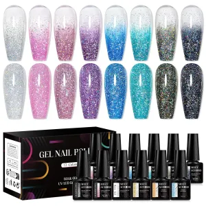 MEET ACROSS 12 Pcs Jelly Glitter Gel Nail Polish Set, 8 Colors Translucent Laser Colorful Shimmer Gel Polish Pink Purple Blue Grey Nail Polish with Base Top Gel Nail Dehydrator and Primer