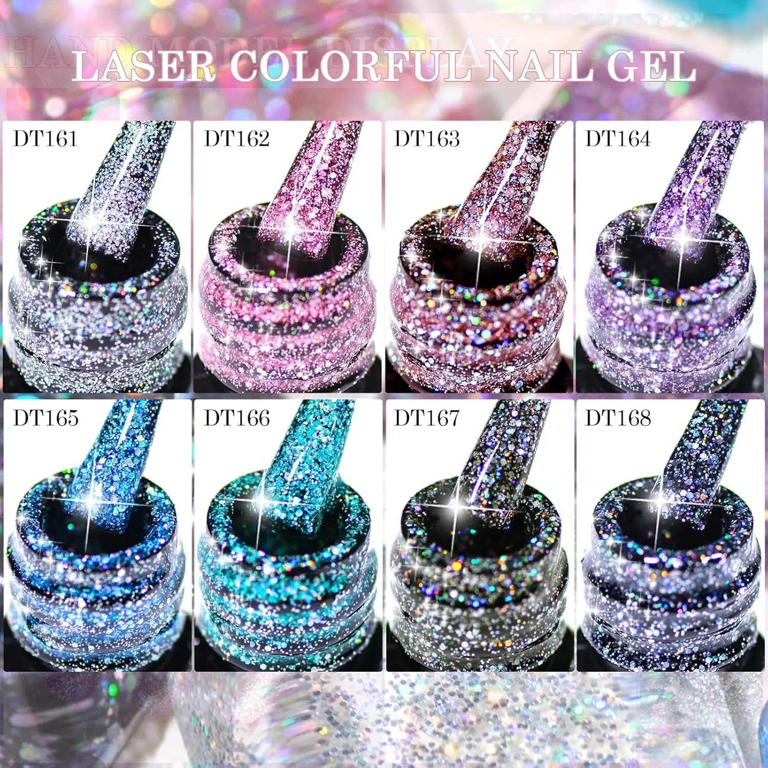 MEET ACROSS 12 Pcs Jelly Glitter Gel Nail Polish Set, 8 Colors Translucent Laser Colorful Shimmer Gel Polish Pink Purple Blue Grey Nail Polish with Base Top Gel Nail Dehydrator and Primer