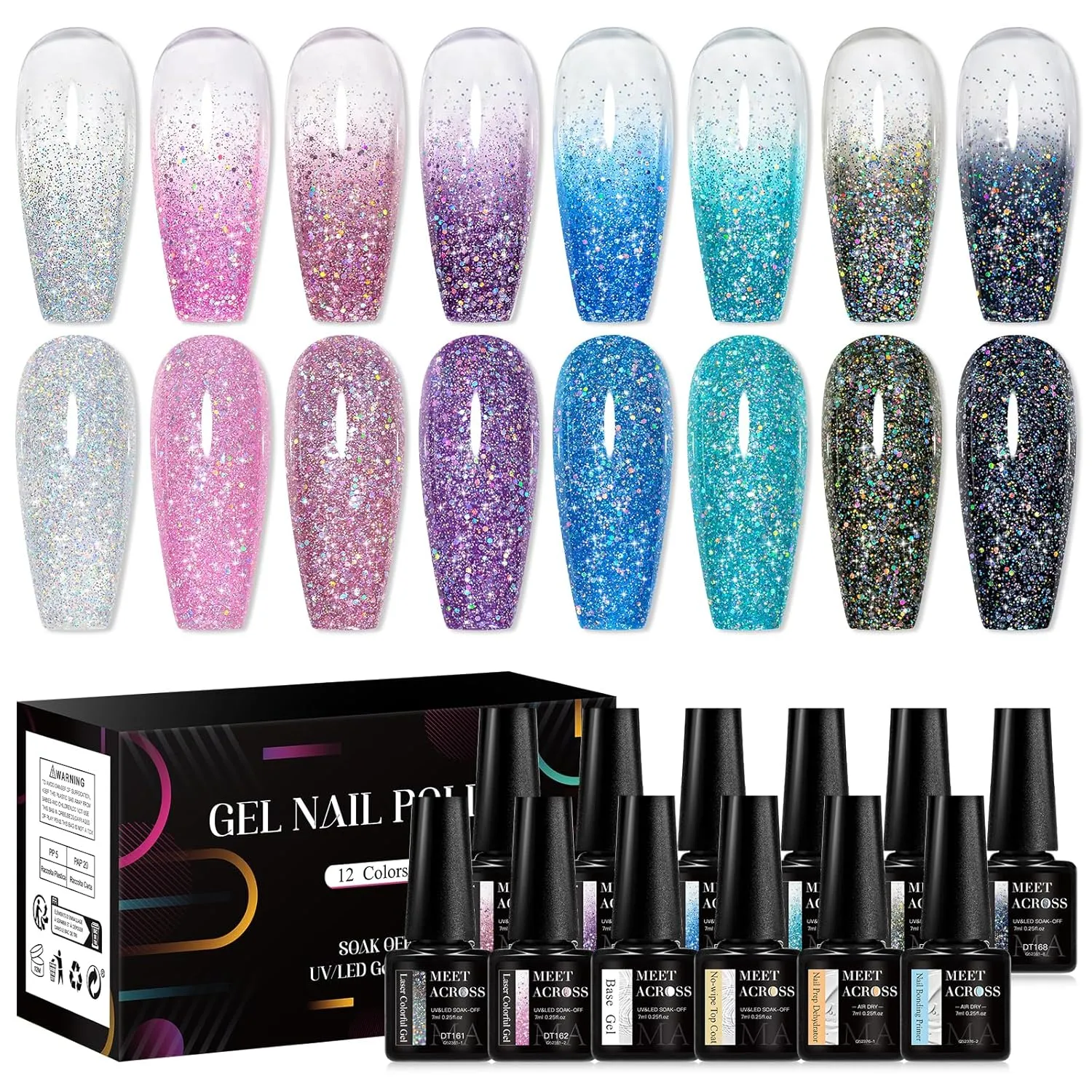 MEET ACROSS 12 Pcs Jelly Glitter Gel Nail Polish Set, 8 Colors Translucent Laser Colorful Shimmer Gel Polish Pink Purple Blue Grey Nail Polish with Base Top Gel Nail Dehydrator and Primer