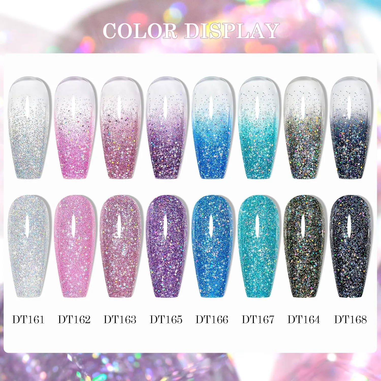 MEET ACROSS 12 Pcs Jelly Glitter Gel Nail Polish Set, 8 Colors Translucent Laser Colorful Shimmer Gel Polish Pink Purple Blue Grey Nail Polish with Base Top Gel Nail Dehydrator and Primer