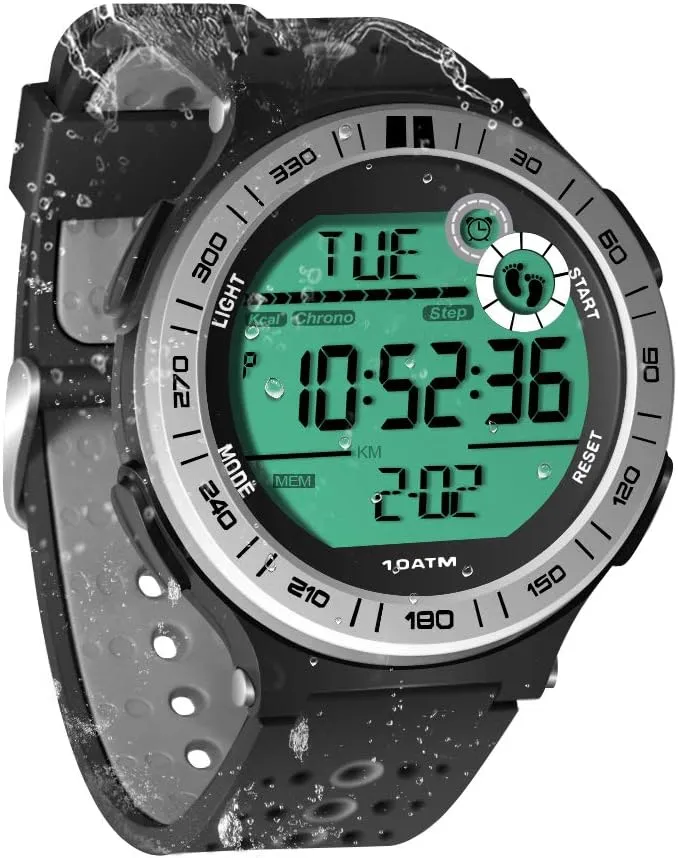 Men Watch Pedometer Underwater Diving Watch 10 ATM Waterproof with Lap Stopwatch and Alarm Clock Function, 12/24 Hour Format Selectable