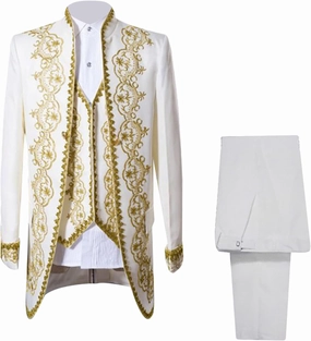Men Court Embroidery Suits 3 Piece Casual Dress Suit Gold Prince Print Blazer Set Stylish Blazer & Vest & Pants