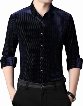 Men's Business Casual Velvet Long Sleeve Shirt Snap Buttons Vintage Shirt Suede Stretch Shirt Classic Ribbed