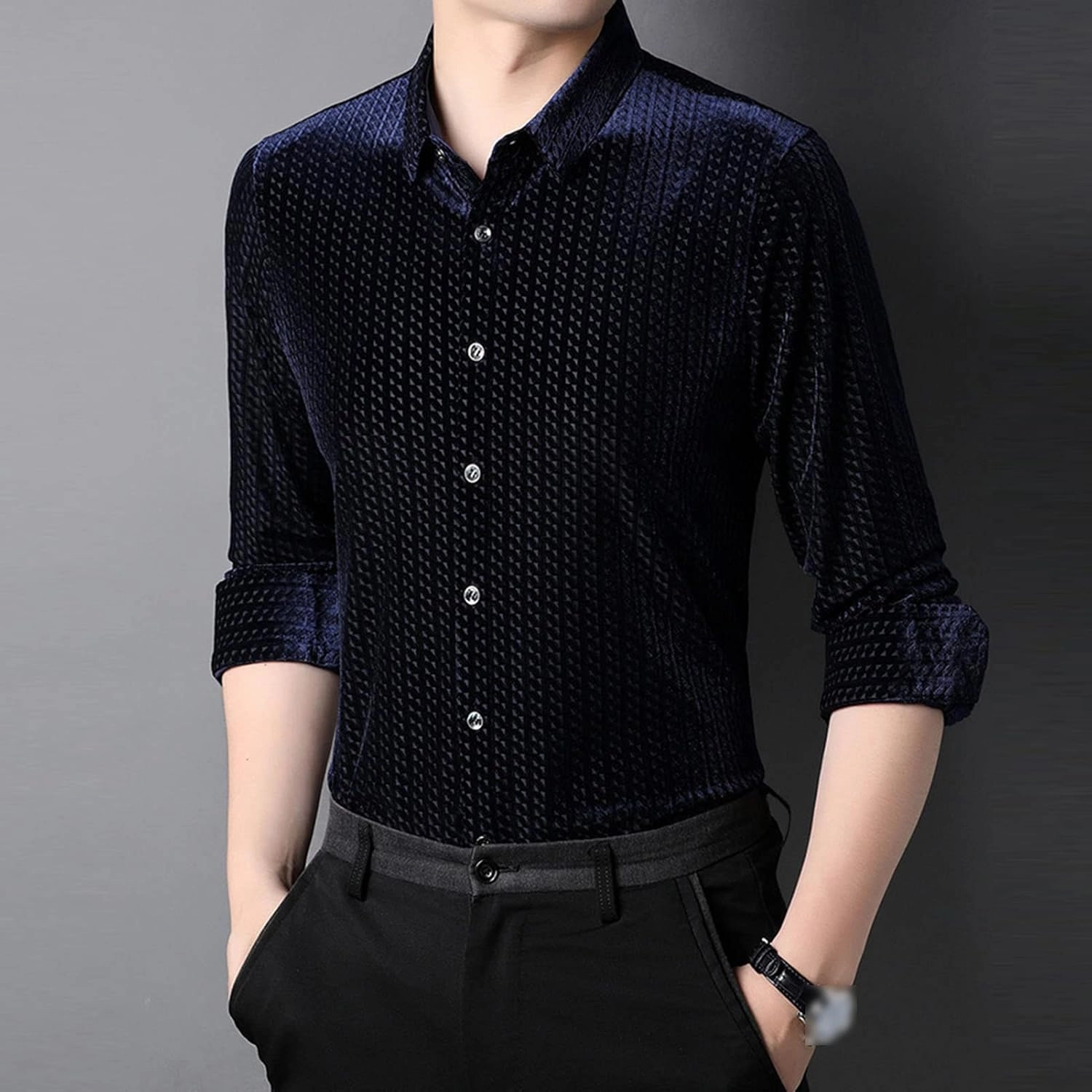 Men's Business Casual Velvet Long Sleeve Shirt Snap Buttons Vintage Shirt Suede Stretch Shirt Classic Ribbed