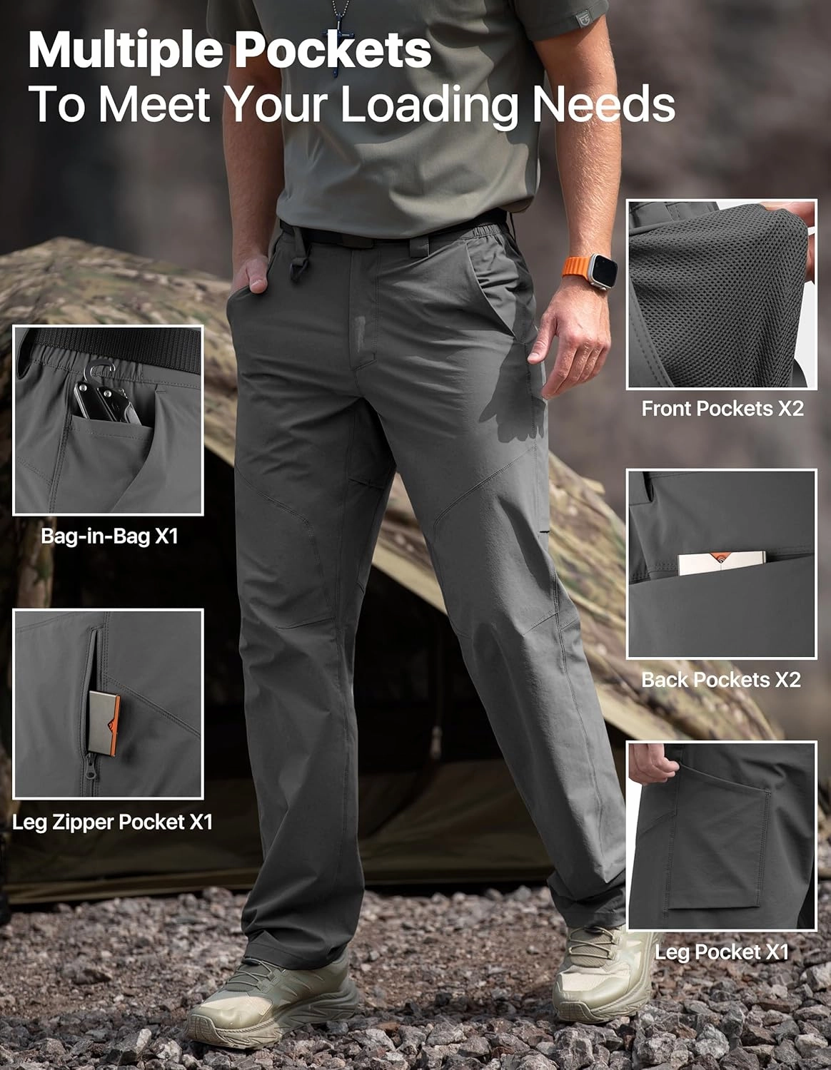 Men's Quick Dry Hiking Pants, Water-Resistant Lightweight Stretch Cargo Pants, Elastic Waist Work Pants with 7 Pockets