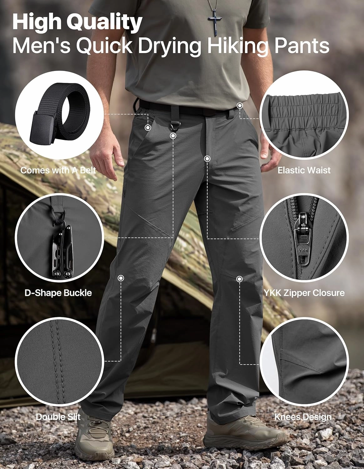 Men's Quick Dry Hiking Pants, Water-Resistant Lightweight Stretch Cargo Pants, Elastic Waist Work Pants with 7 Pockets