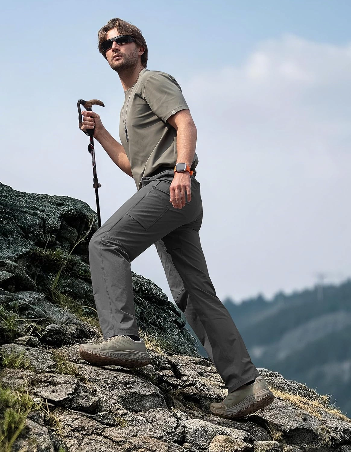 Men's Quick Dry Hiking Pants, Water-Resistant Lightweight Stretch Cargo Pants, Elastic Waist Work Pants with 7 Pockets