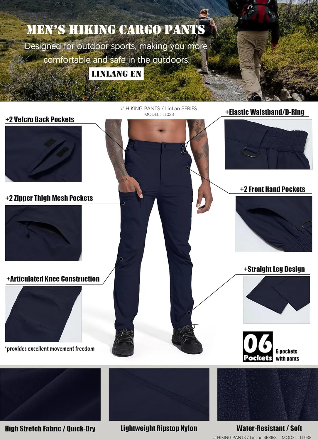 Men's Lightweight Hiking Cargo Pants Waterproof Quick Dry Travel Fishing Climbing Work Outdoor Pants