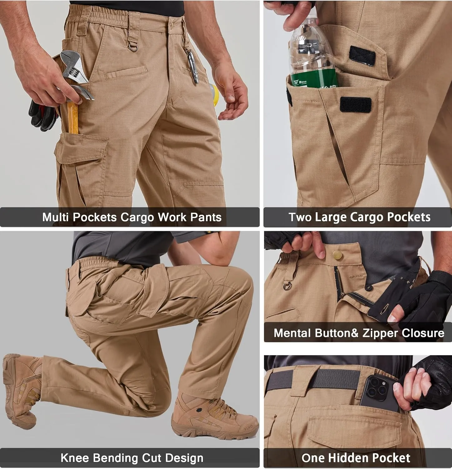 Mens Work Pants Cargo Tactical Construction for Men Ripstop Waterproof Lightweight Outdoor Hiking with Pockets