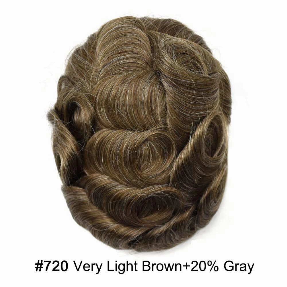 Mens Toupee Hair Piece For Men Human Hair Replacement System French Lace Male Hair Prosthesis Toupee For Men Hairpieces 7x9Light to medium density#720 7# VERY LIGHT BROWN 20% GREY