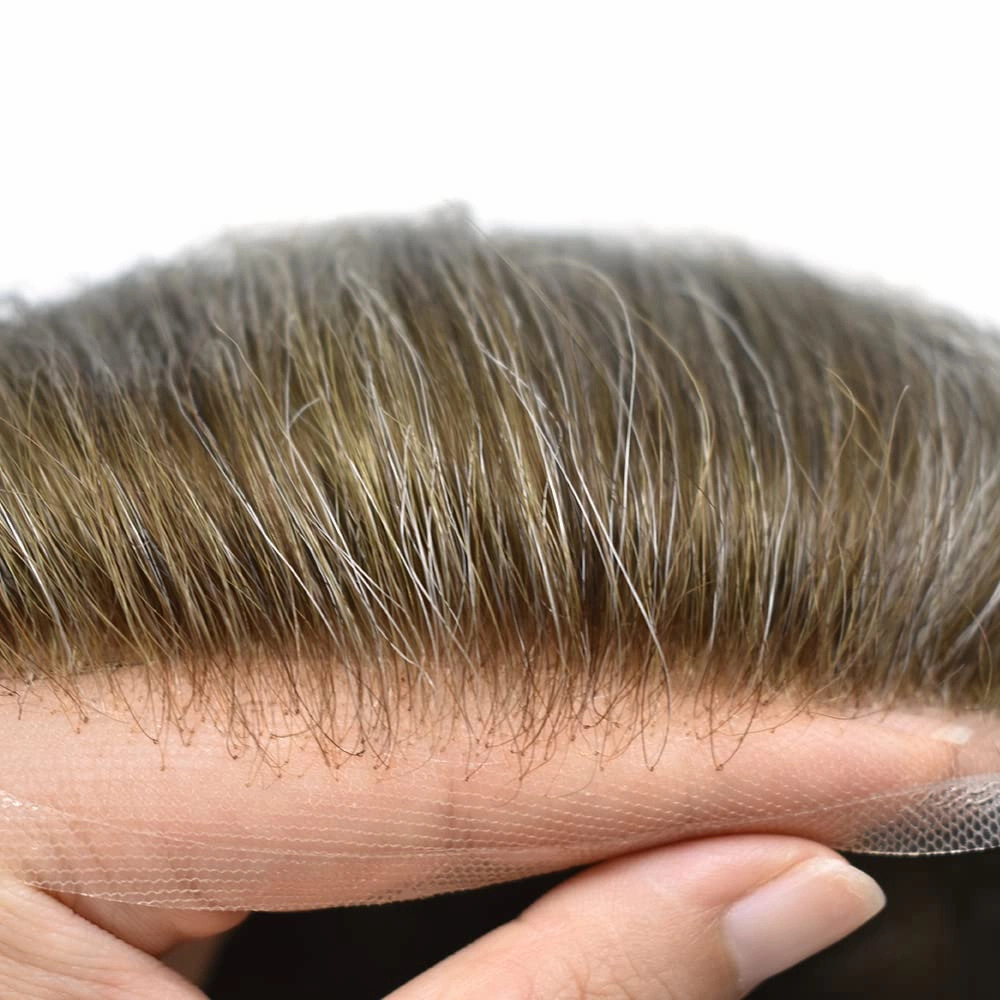 Mens Toupee Hair Piece For Men Human Hair Replacement System French Lace Male Hair Prosthesis Toupee For Men Hairpieces 7x9Light to medium density#720 7# VERY LIGHT BROWN 20% GREY