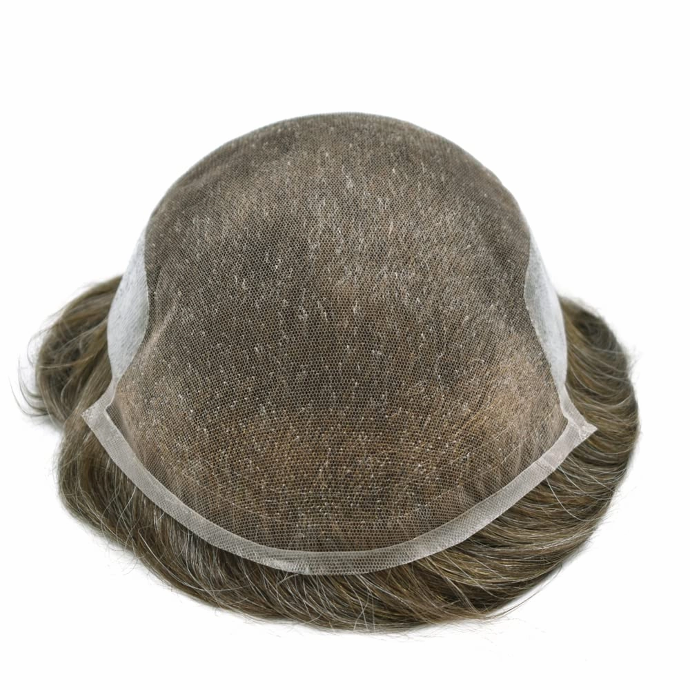 Mens Toupee Hair Piece For Men Human Hair Replacement System French Lace Male Hair Prosthesis Toupee For Men Hairpieces 7x9Light to medium density#720 7# VERY LIGHT BROWN 20% GREY