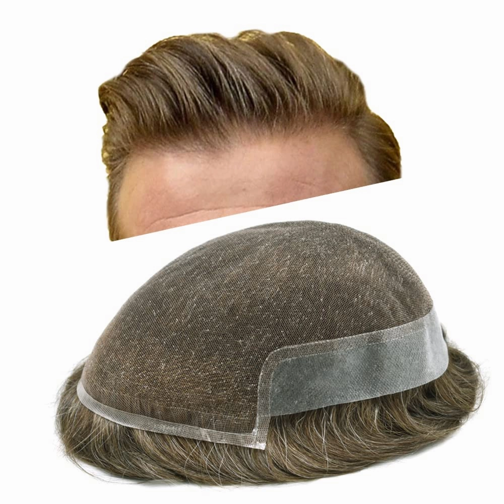 Mens Toupee Hair Piece For Men Human Hair Replacement System French Lace Male Hair Prosthesis Toupee For Men Hairpieces 7x9Light to medium density#720 7# VERY LIGHT BROWN 20% GREY