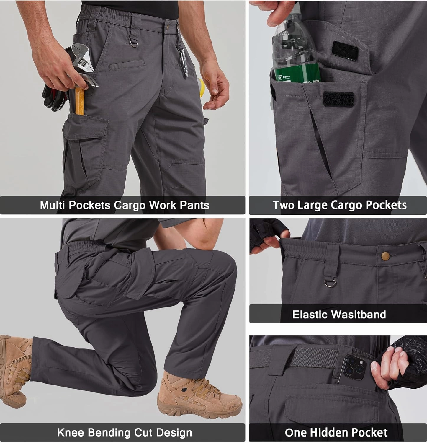 Mens Work Pants Cargo Tactical Construction for Men Ripstop Waterproof Lightweight Outdoor Hiking with Pockets