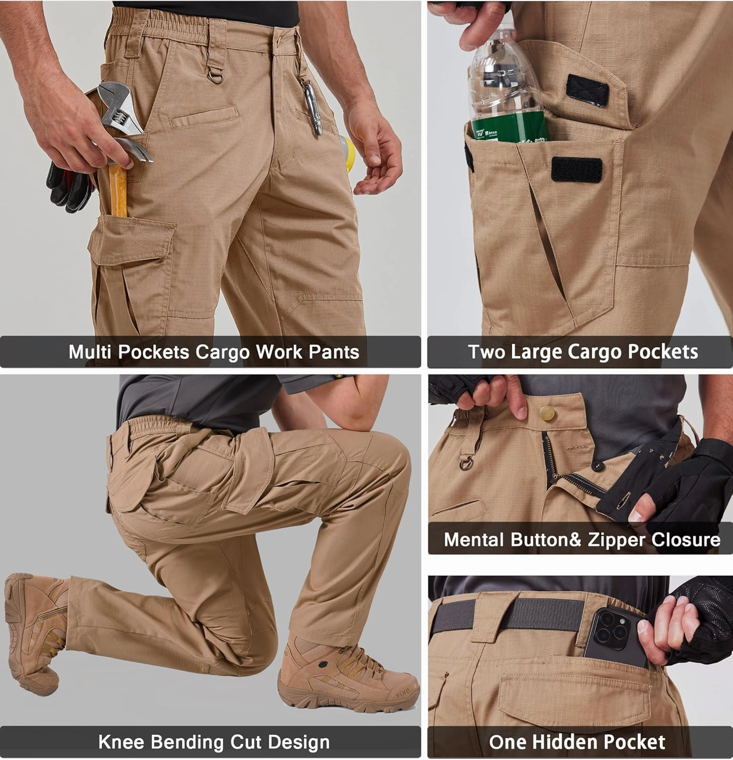 Mens Work Pants Cargo Tactical Construction for Men Ripstop Waterproof Lightweight Outdoor Hiking with Pockets