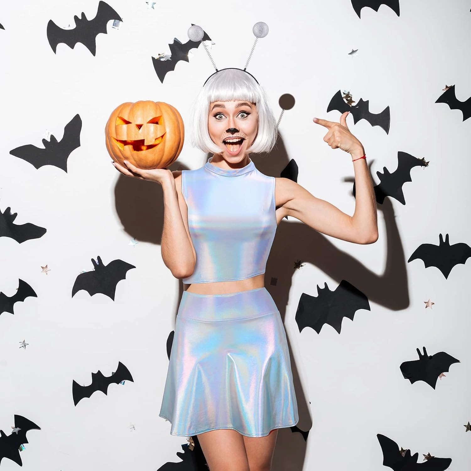 Metallic Top Sleeveless Crop Tank Top Pleated Skirt with Headband for Raves Halloween Cosplay