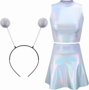 Metallic Top Sleeveless Crop Tank Top Pleated Skirt with Headband for Raves Halloween Cosplay