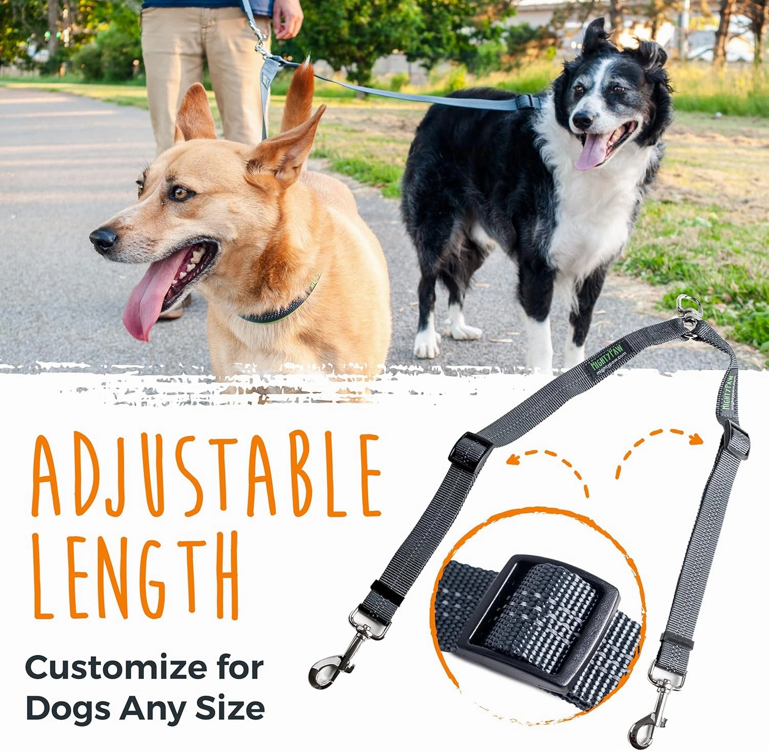 Mighty Paw Double Dog Leash - Double Leash for Two Dogs No Tangle Design. Split Lead for 2 Pets. Adjustable to Fit All Sized Breeds. Reflective Dual Pet Lead for People with Multiple Pups