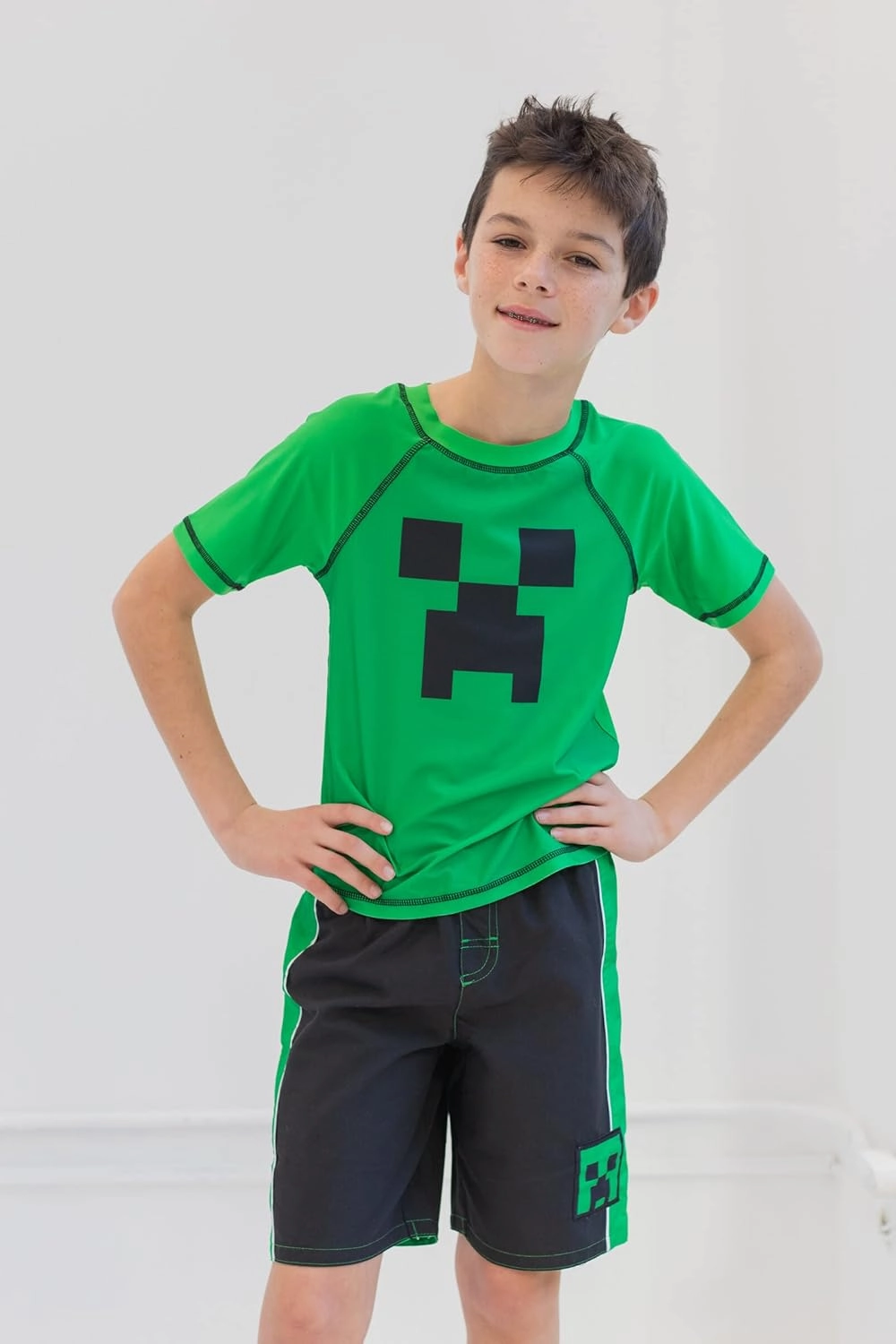 Minecraft Zombie Creeper Alex Steve Rash Guard and Swim Trunks Outfit Set Little Kid to Big Kid