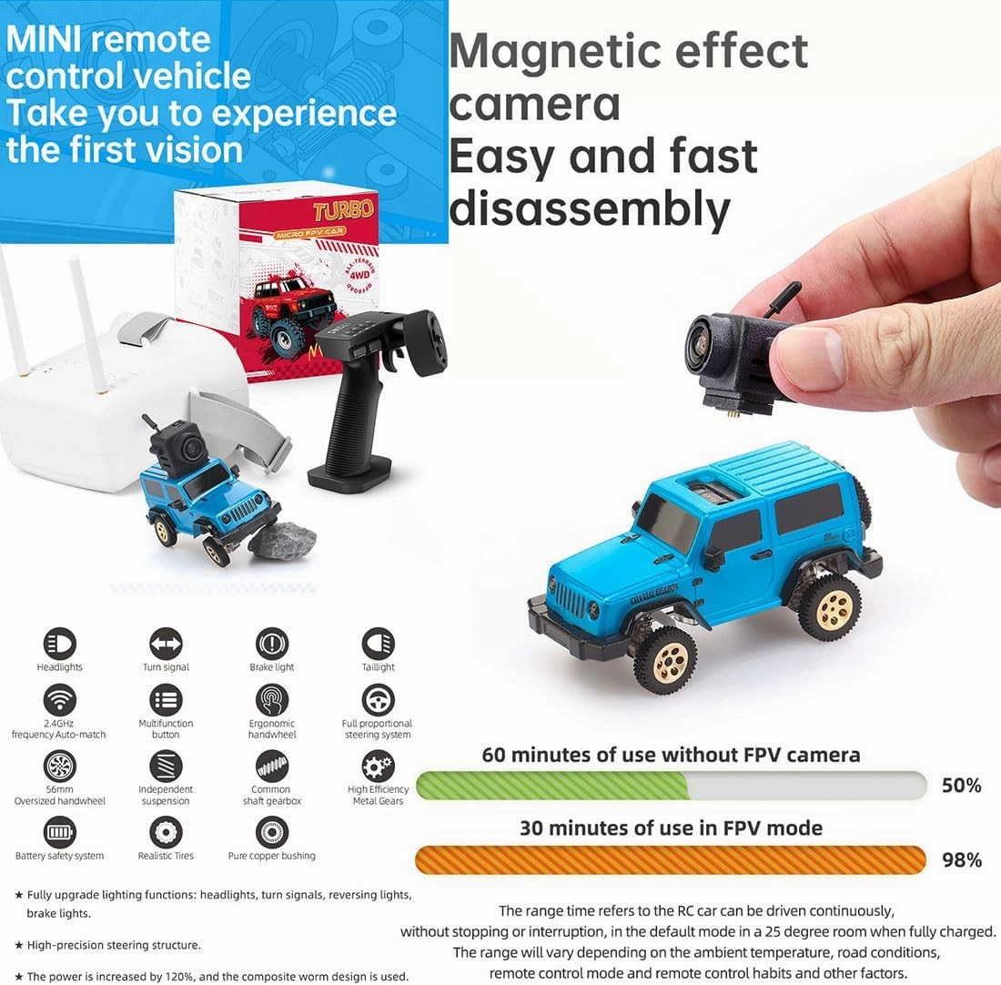 Mini RC Crawler, 1:64 Scale 2.4G Full Proportional RTR Remote Control Climbing Off-Road All-Wheel Drive Vehicle Model for Adults Teens(FPV/Standard Version/Blue)