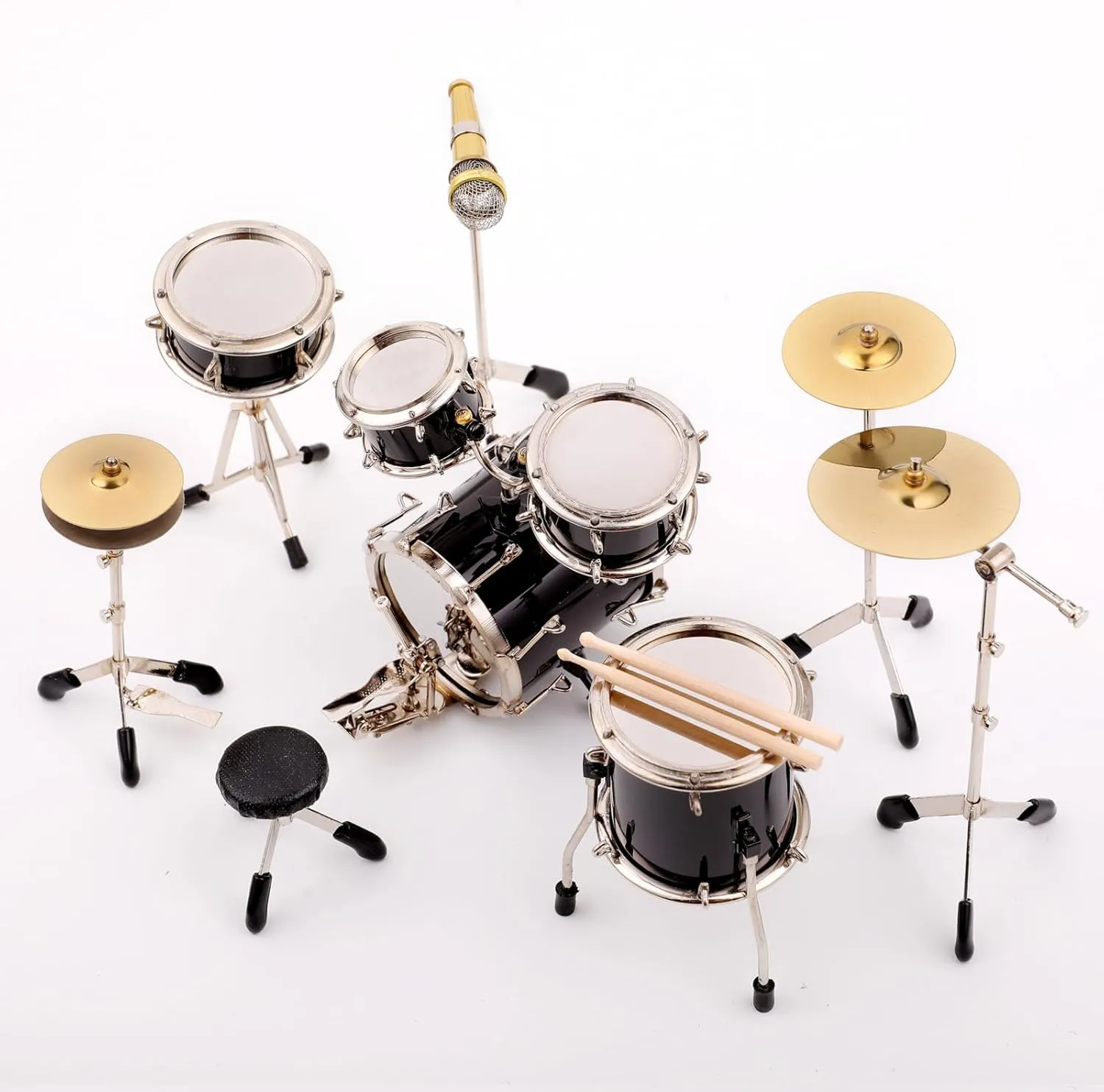 Miniature Drum Set Mini Musical Instrument Drum Set Kit Replica Collectible Figurines Birthday Gifts Music Home Decoration Display Ornament Model (Black)