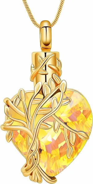 Minicremation Heart Tree of Life Urn Necklace for Ashes Dainty Forever Love Heart Pendant Cremation Jewelry with Crystal w/Funnel Filler Memorial Jewelry Gifts for Women Girls Friends
