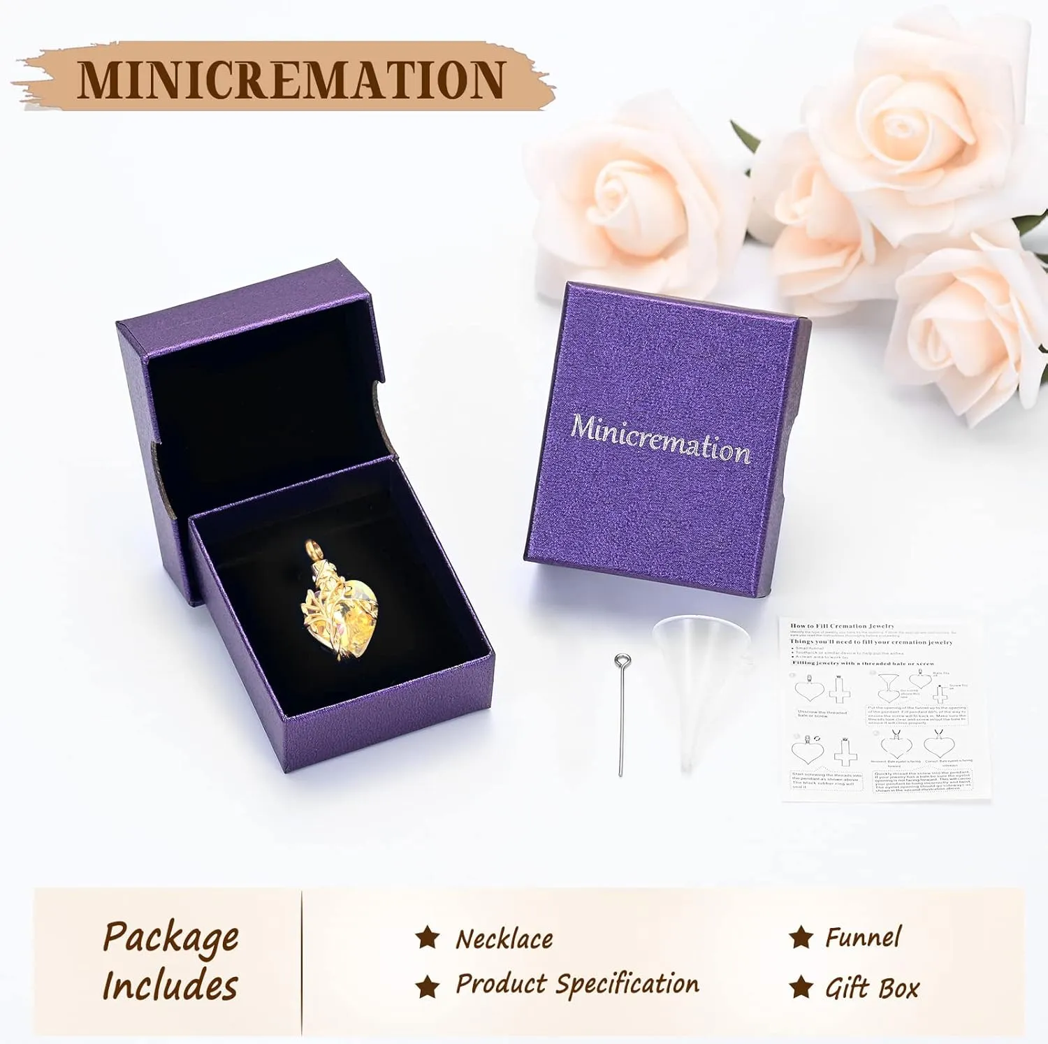 Minicremation Heart Tree of Life Urn Necklace for Ashes Dainty Forever Love Heart Pendant Cremation Jewelry with Crystal w/Funnel Filler Memorial Jewelry Gifts for Women Girls Friends