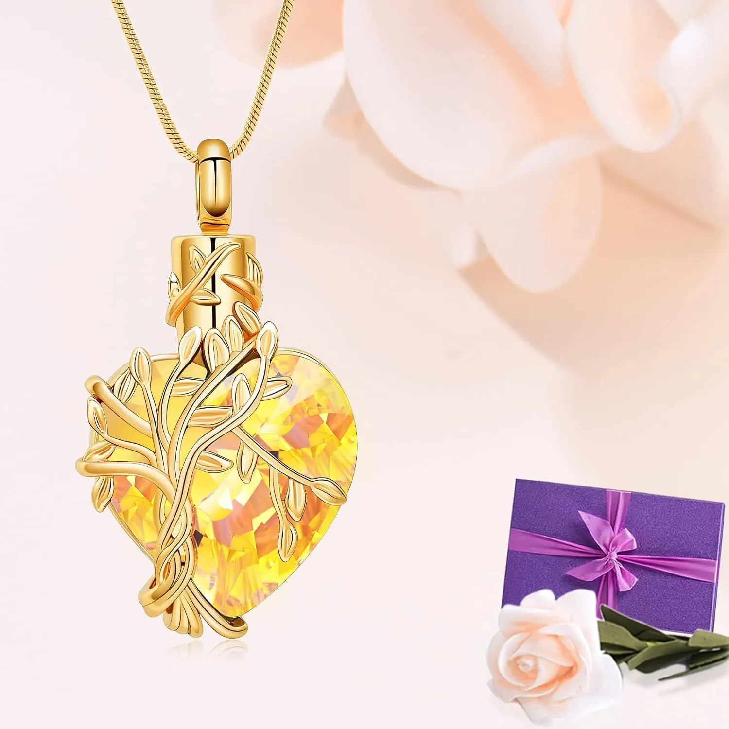 Minicremation Heart Tree of Life Urn Necklace for Ashes Dainty Forever Love Heart Pendant Cremation Jewelry with Crystal w/Funnel Filler Memorial Jewelry Gifts for Women Girls Friends