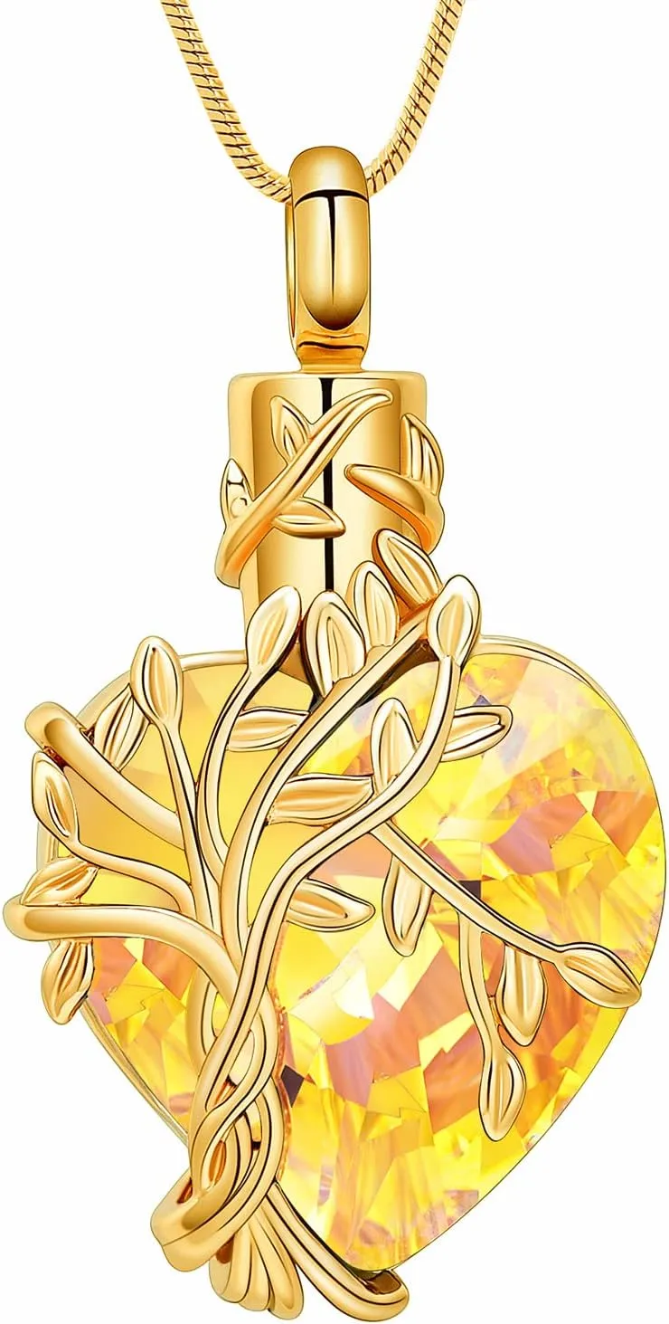 Minicremation Heart Tree of Life Urn Necklace for Ashes Dainty Forever Love Heart Pendant Cremation Jewelry with Crystal w/Funnel Filler Memorial Jewelry Gifts for Women Girls Friends