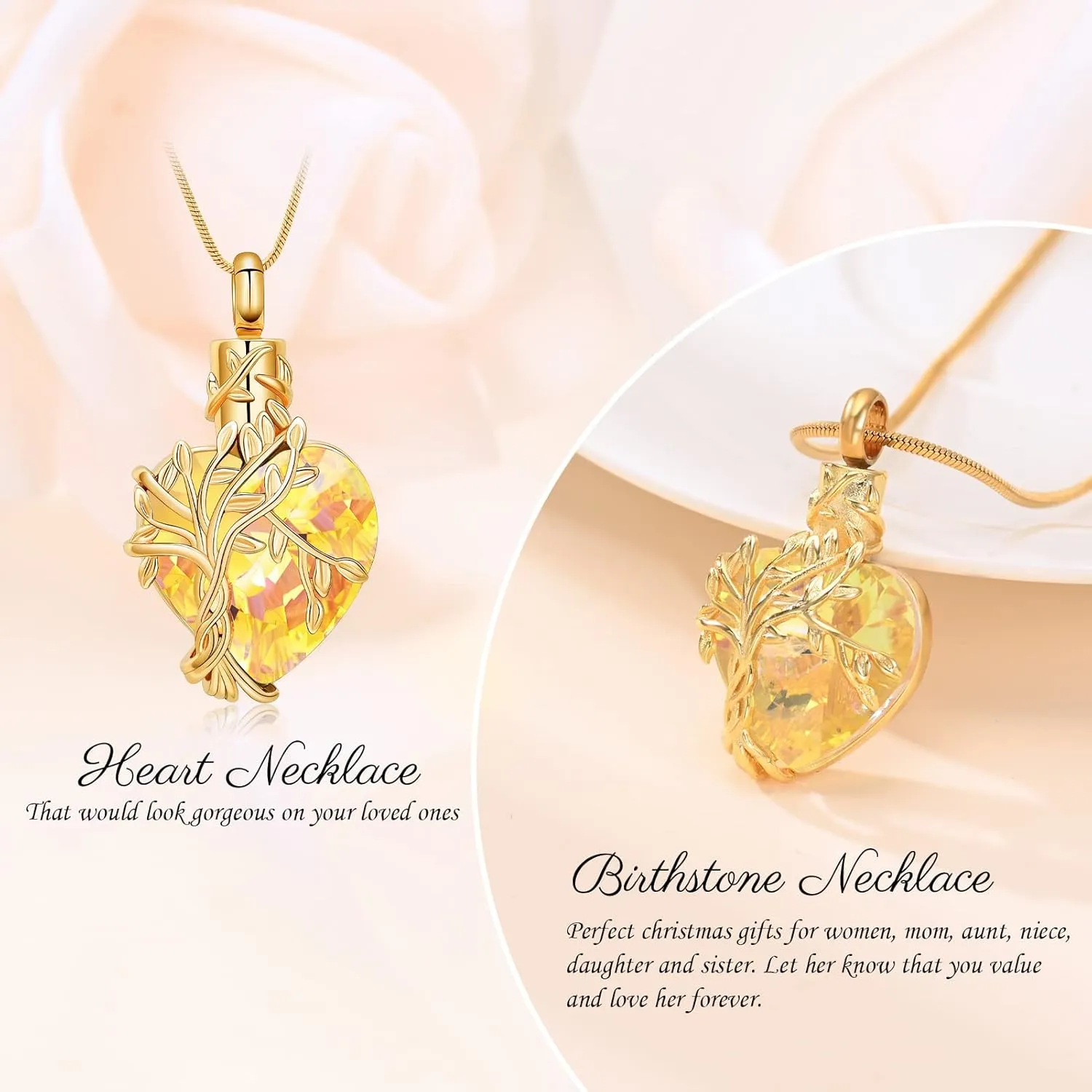 Minicremation Heart Tree of Life Urn Necklace for Ashes Dainty Forever Love Heart Pendant Cremation Jewelry with Crystal w/Funnel Filler Memorial Jewelry Gifts for Women Girls Friends