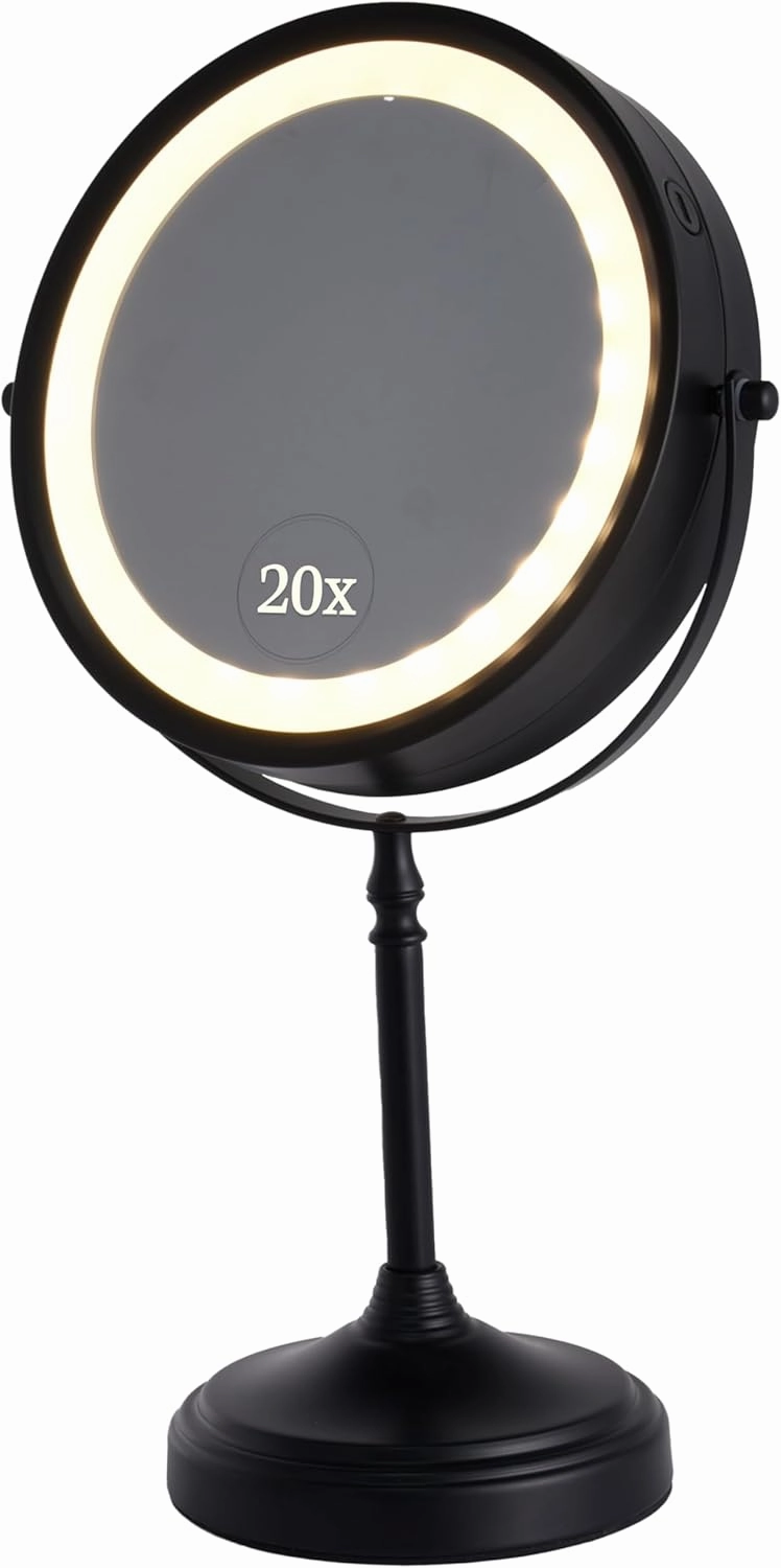 MIRRORVANA Ultra Zoom 20X Magnifying Lighted Makeup Mirror - 20X & 1X Dual Sided LED Make Up Mirror with 3 Lighting Modes, Rechargeable Battery with USB Cable - 8" Wide & 15" Tall (Black)