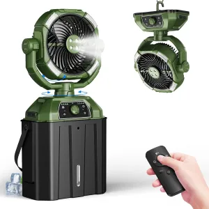 Misting fan with 7L bucket 90°Oscillating ,4 Spray Mister 25000mAh Rechargeable Camping fan with Remote Control Stepless Speed and Timer for Patios/Camping，Waterproof Design Outdoor Fans (Green)