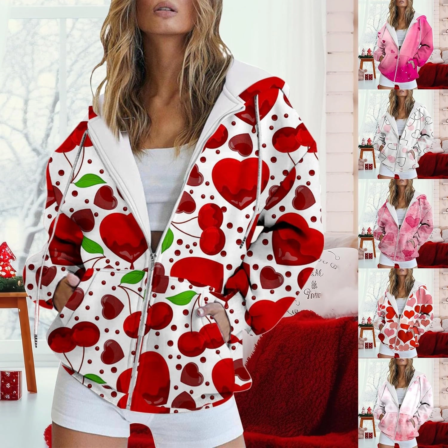 Miyaomn Valentines Day Oversized Hoodies Jacket for Women Cute Love Heart Printed Casual Long Sleeve Full Zip Sweatshirt Tops