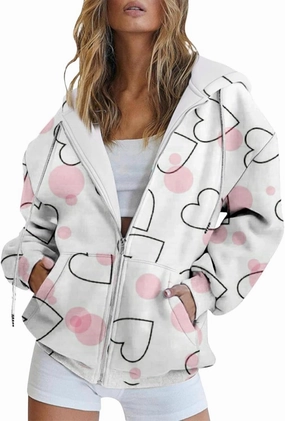 Miyaomn Valentines Day Oversized Hoodies Jacket for Women Cute Love Heart Printed Casual Long Sleeve Full Zip Sweatshirt Tops