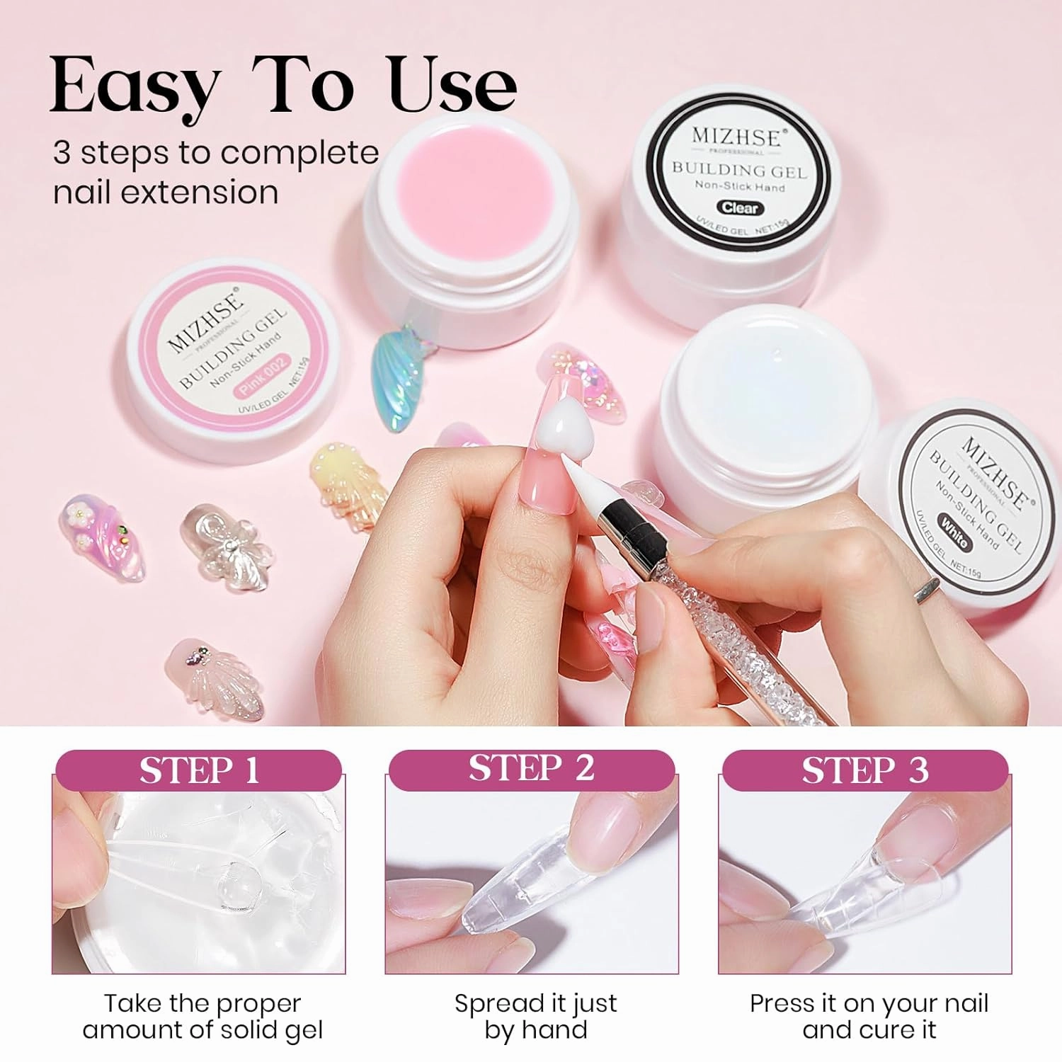 MIZHSE Solid Builder Gel for nails, 3 Colors Sculpting Gel for Nails, Clear White Pink Non-Sticky Hand 3D Nail Art Building Carving Modeling Hard Nail Extension Manicure Salon Home DIY Gift
