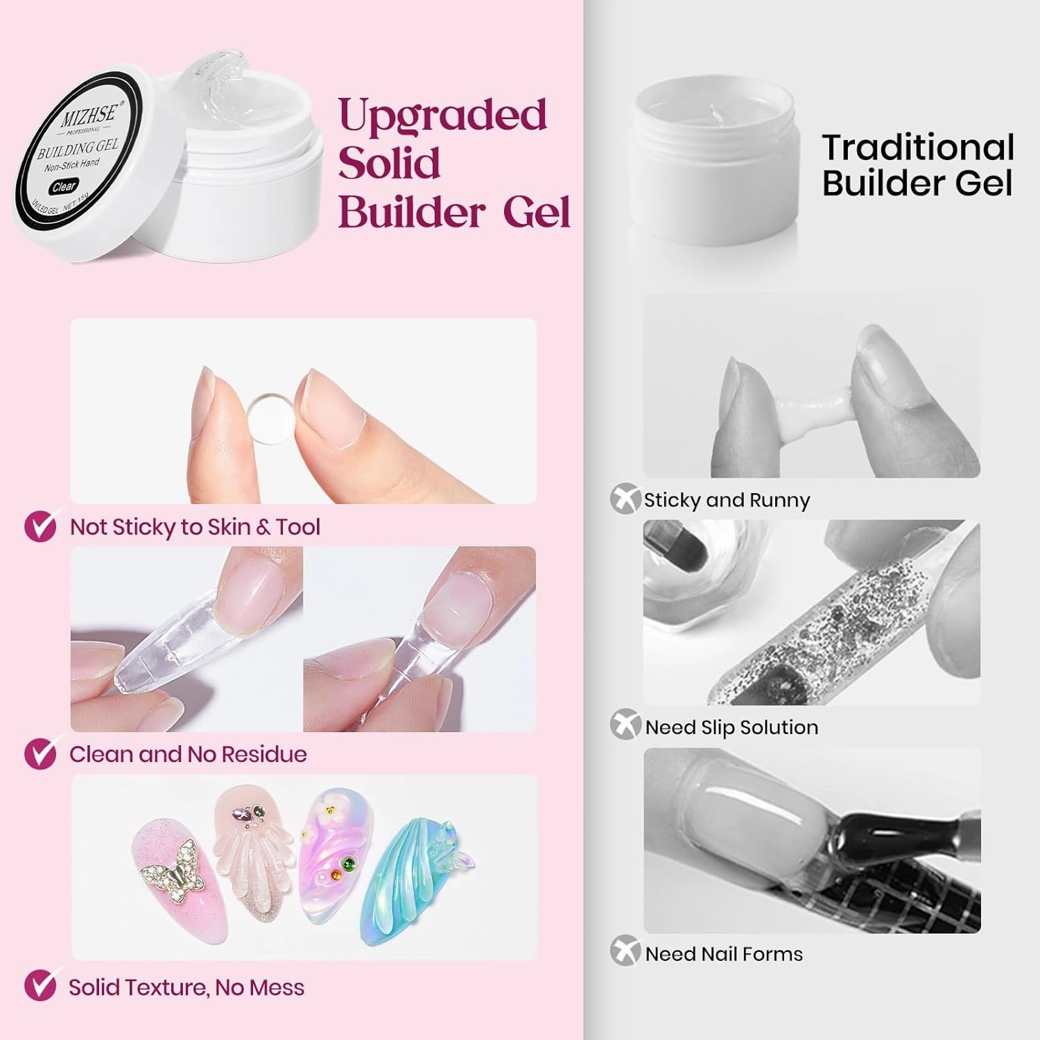 MIZHSE Solid Builder Gel for nails, 3 Colors Sculpting Gel for Nails, Clear White Pink Non-Sticky Hand 3D Nail Art Building Carving Modeling Hard Nail Extension Manicure Salon Home DIY Gift
