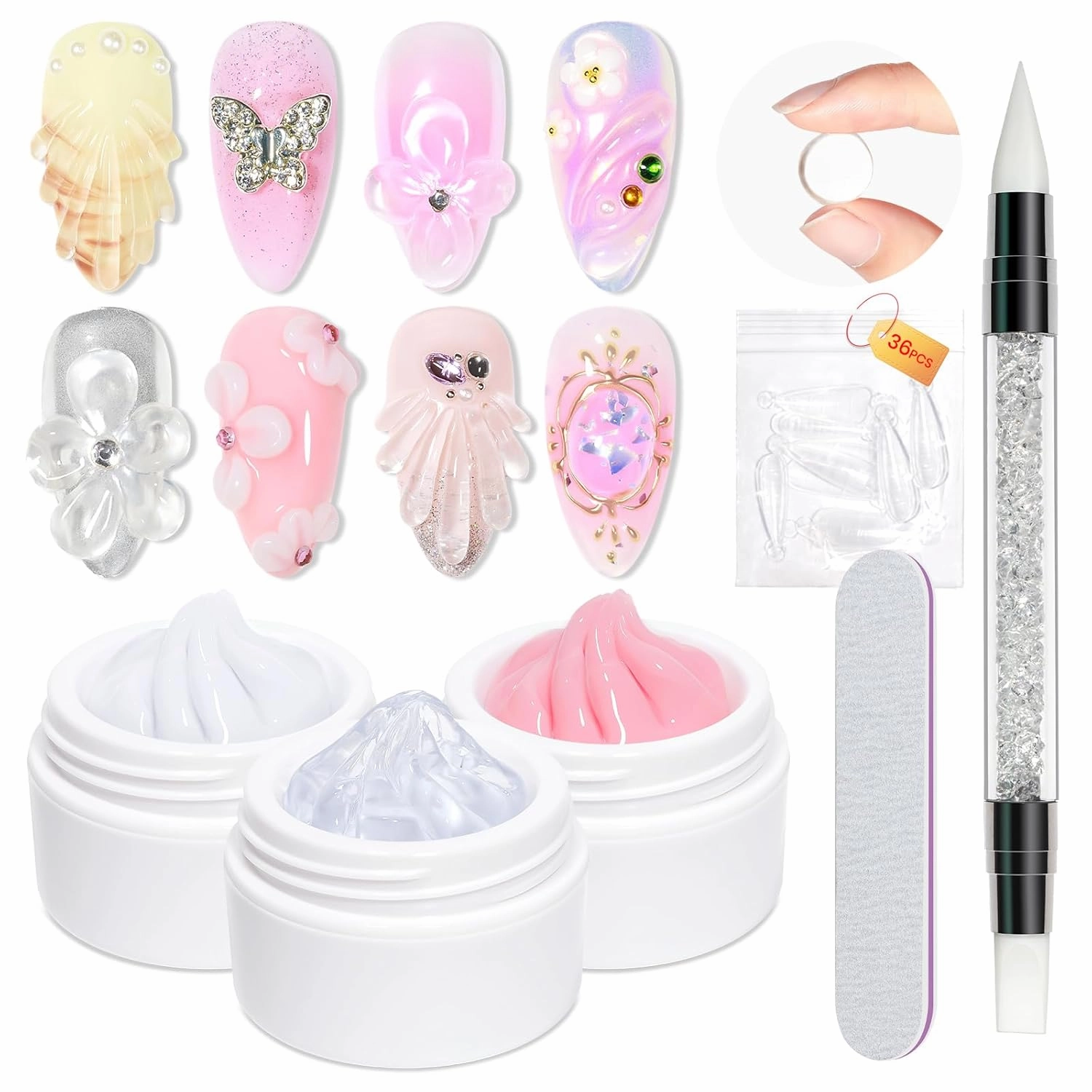 MIZHSE Solid Builder Gel for nails, 3 Colors Sculpting Gel for Nails, Clear White Pink Non-Sticky Hand 3D Nail Art Building Carving Modeling Hard Nail Extension Manicure Salon Home DIY Gift