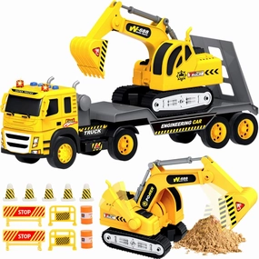 MOBIUS Toys Flatbed Truck with Excavator Tractor – 1:12 Scale Large Push & Go Construction Toy for Kids – Friction-Powered Vehicle with Lights & Sounds for Boys & Girls Ages 3-5