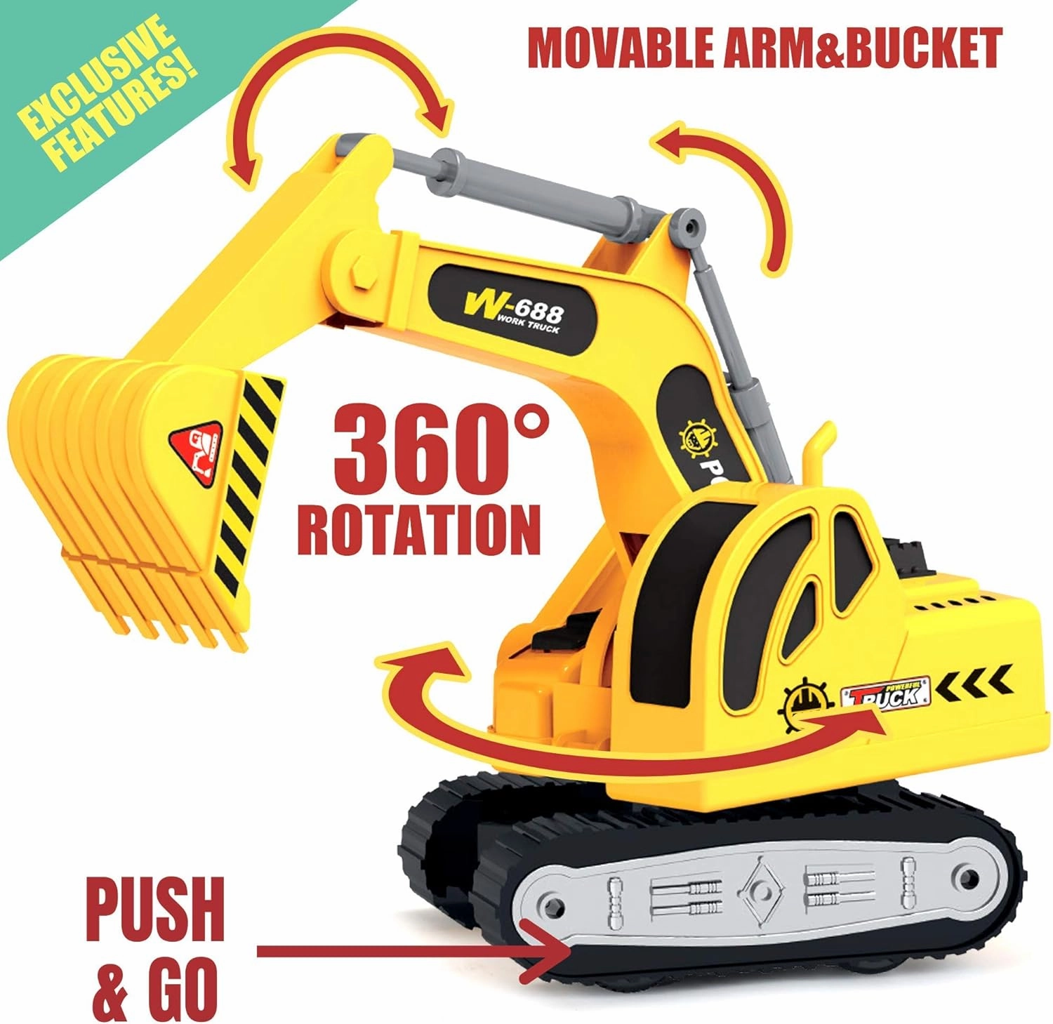 MOBIUS Toys Flatbed Truck with Excavator Tractor – 1:12 Scale Large Push & Go Construction Toy for Kids – Friction-Powered Vehicle with Lights & Sounds for Boys & Girls Ages 3-5