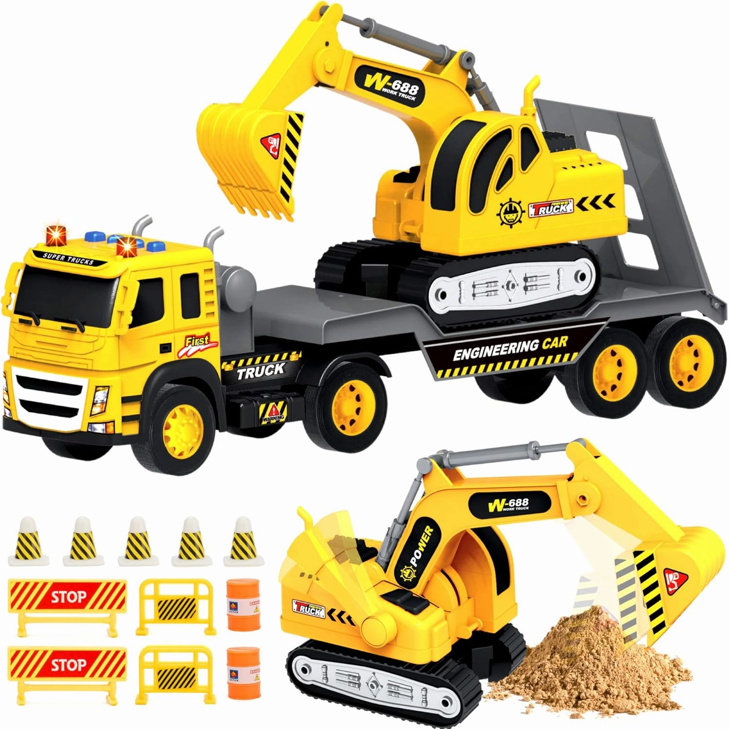 MOBIUS Toys Flatbed Truck with Excavator Tractor – 1:12 Scale Large Push & Go Construction Toy for Kids – Friction-Powered Vehicle with Lights & Sounds for Boys & Girls Ages 3-5