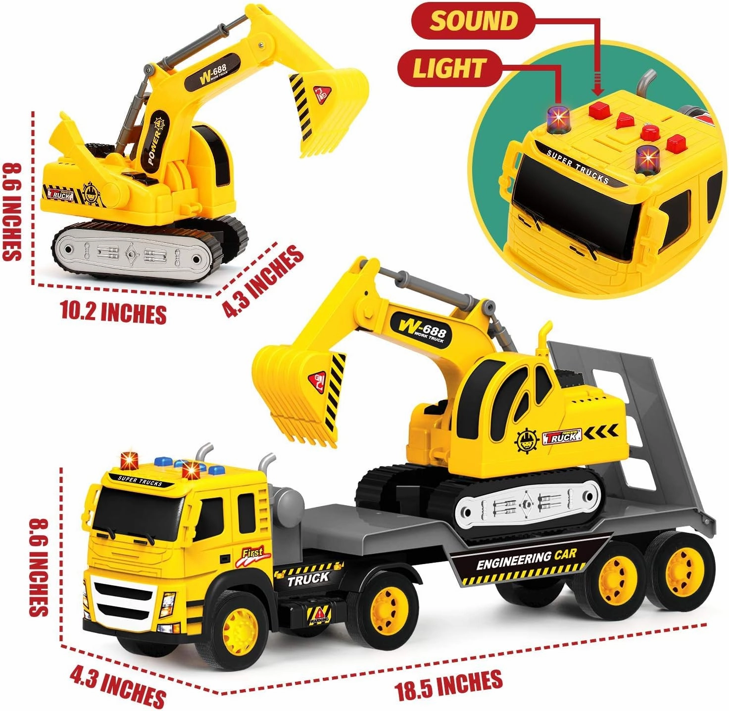MOBIUS Toys Flatbed Truck with Excavator Tractor – 1:12 Scale Large Push & Go Construction Toy for Kids – Friction-Powered Vehicle with Lights & Sounds for Boys & Girls Ages 3-5