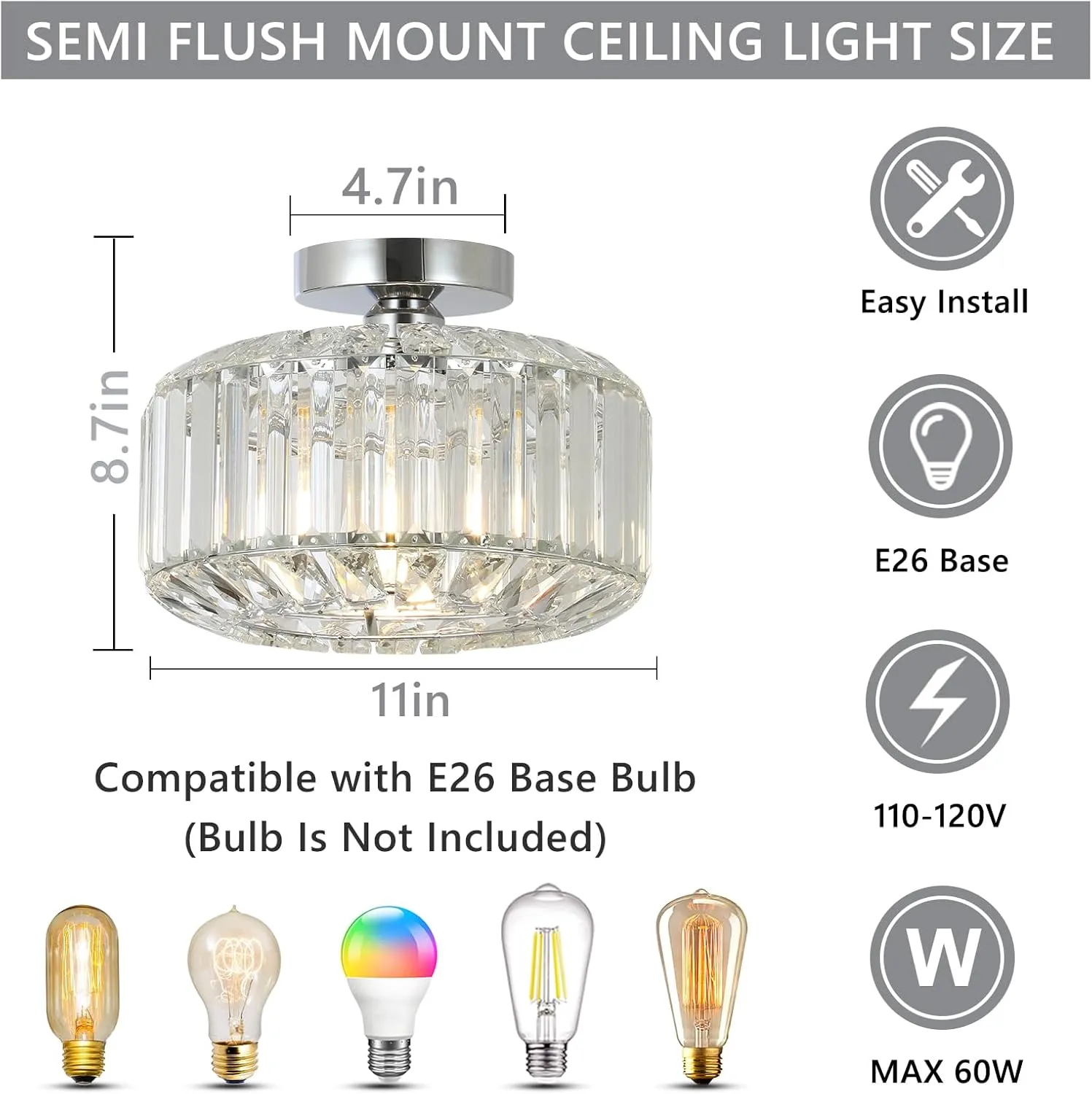 Modern Flush Mount Ceiling Light Fixture - Small Crystal Chandeliers Ceiling Mount, Bedroom Lights for Ceiling, Hallway Lighting Fixtures Ceiling for Bathroom, Dining Room (Chrome)